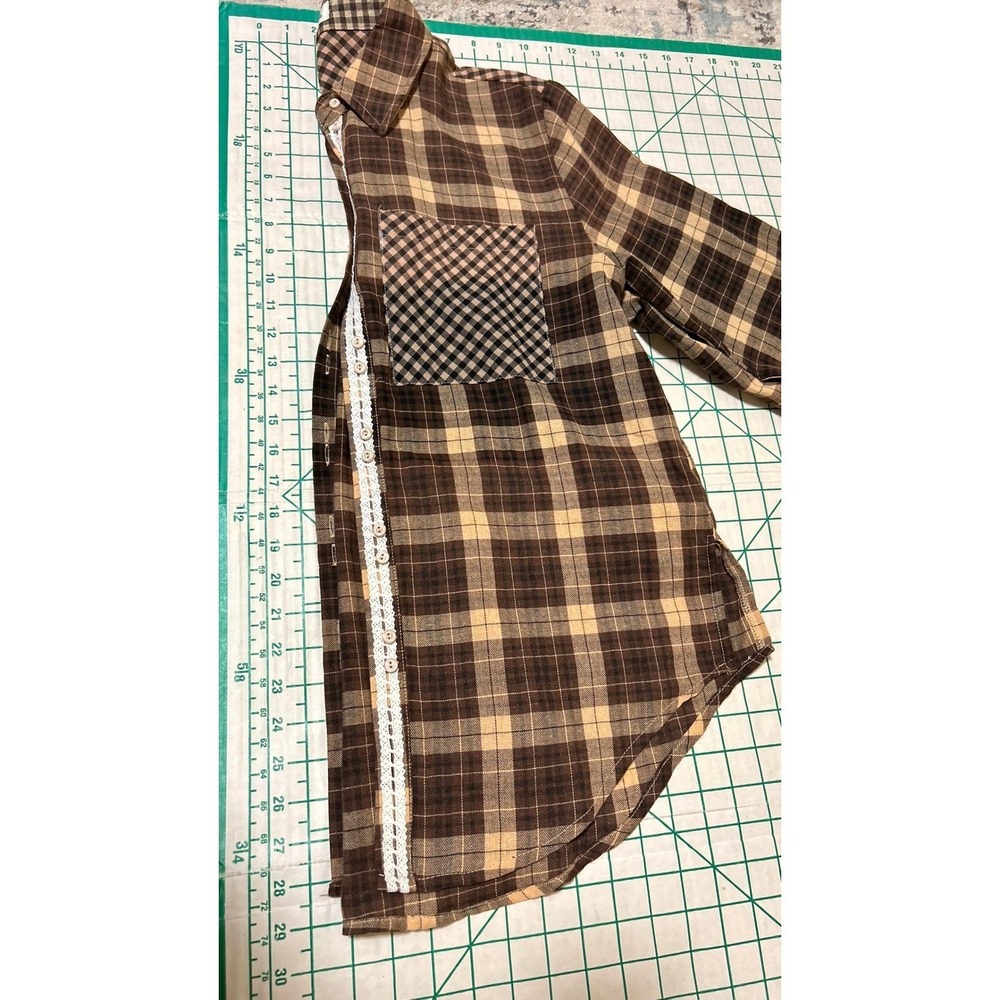 POL Brown Plaid Lace Trim Button Down Shirt RCT978 Mixed Pattern Womens Small - Picture 6 of 9